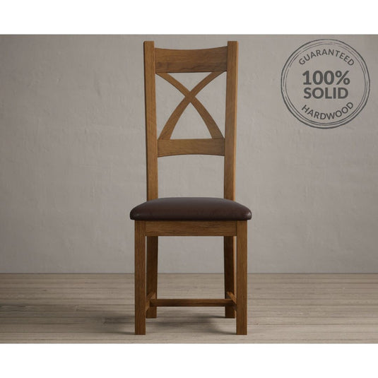 Rustic Solid Oak X Back Dining Chairs with Chocolate Brown Leather Seat Pad Dining Chairs Rustic Solid Oak