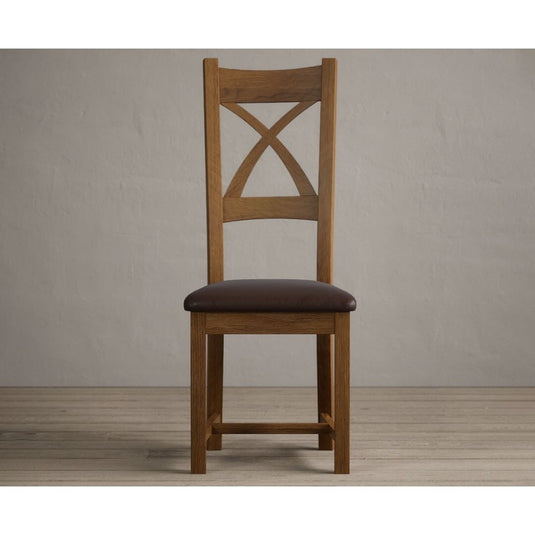 Rustic Solid Oak X Back Dining Chairs with Chocolate Brown Leather Seat Pad Dining Chairs Rustic Solid Oak