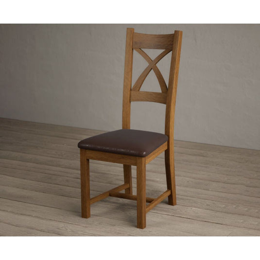 Rustic Solid Oak X Back Dining Chairs with Chocolate Brown Leather Seat Pad Dining Chairs Rustic Solid Oak