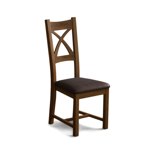 Rustic Solid Oak X Back Dining Chairs with Chocolate Brown Leather Seat Pad Dining Chairs Rustic Solid Oak