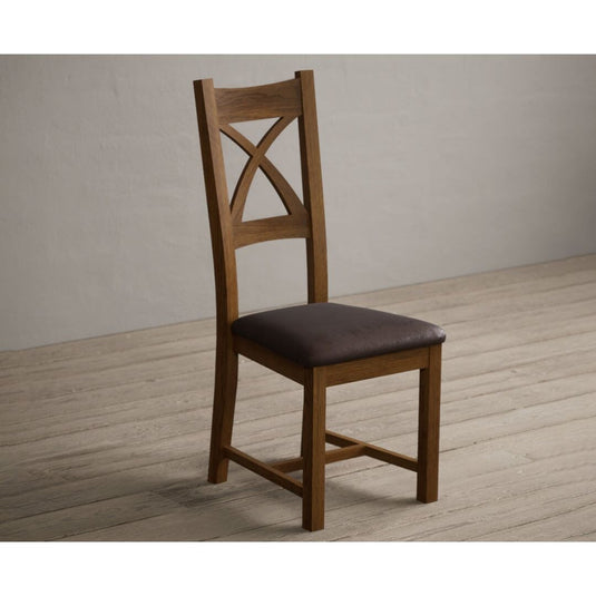 Rustic Solid Oak X Back Dining Chairs with Chocolate Brown Leather Seat Pad Dining Chairs Rustic Solid Oak