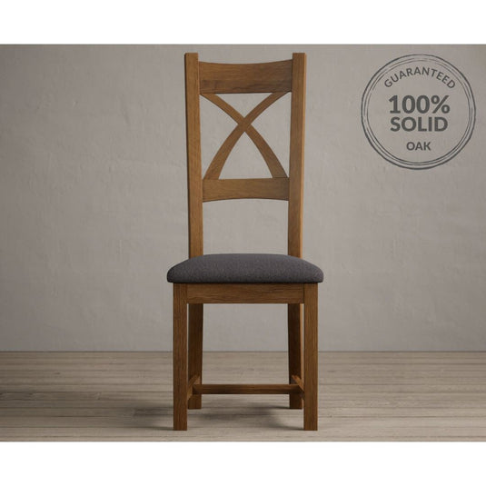 Rustic Solid Oak X Back Dining Chairs with Charcoal Grey Fabric Seat Pad Dining Chairs Rustic Solid Oak
