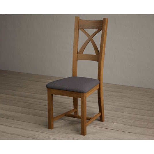 Rustic Solid Oak X Back Dining Chairs with Charcoal Grey Fabric Seat Pad Dining Chairs Rustic Solid Oak
