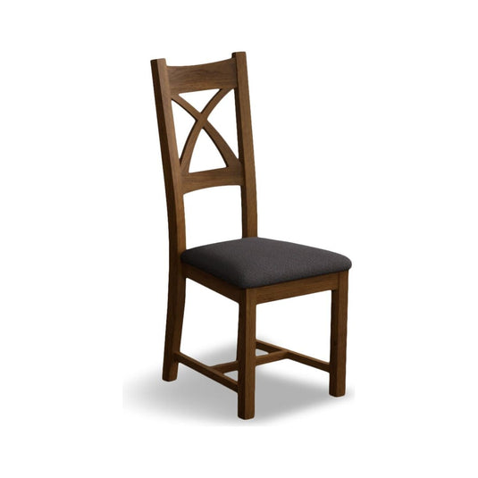 Rustic Solid Oak X Back Dining Chairs with Charcoal Grey Fabric Seat Pad Dining Chairs Rustic Solid Oak