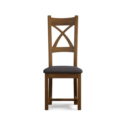 Rustic Solid Oak X Back Dining Chairs with Charcoal Grey Fabric Seat Pad Dining Chairs Rustic Solid Oak
