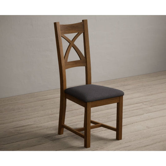 Rustic Solid Oak X Back Dining Chairs with Charcoal Grey Fabric Seat Pad Dining Chairs Rustic Solid Oak