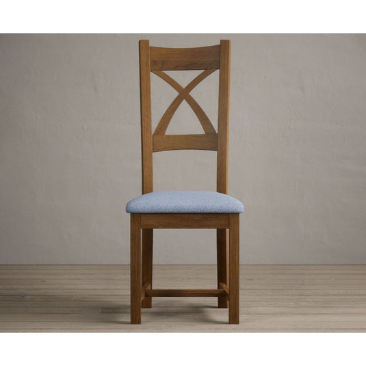 Rustic Solid Oak X Back Dining Chairs with Sky Blue Fabric Seat Pad Dining Chairs Rustic Solid Oak