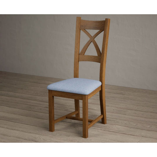 Rustic Solid Oak X Back Dining Chairs with Sky Blue Fabric Seat Pad Dining Chairs Rustic Solid Oak