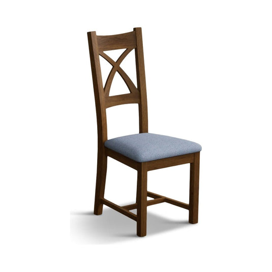 Rustic Solid Oak X Back Dining Chairs with Sky Blue Fabric Seat Pad Dining Chairs Rustic Solid Oak