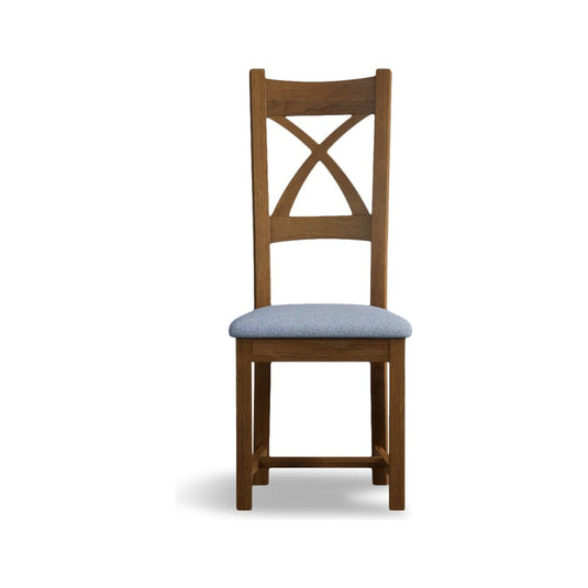 Rustic Solid Oak X Back Dining Chairs with Sky Blue Fabric Seat Pad Dining Chairs Rustic Solid Oak