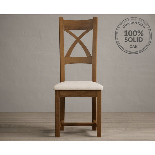 Rustic Solid Oak X Back Dining Chairs with Linen Seat Pad Dining Chairs Rustic Solid Oak