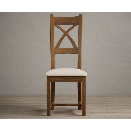 Rustic Solid Oak X Back Dining Chairs with Linen Seat Pad Dining Chairs Rustic Solid Oak