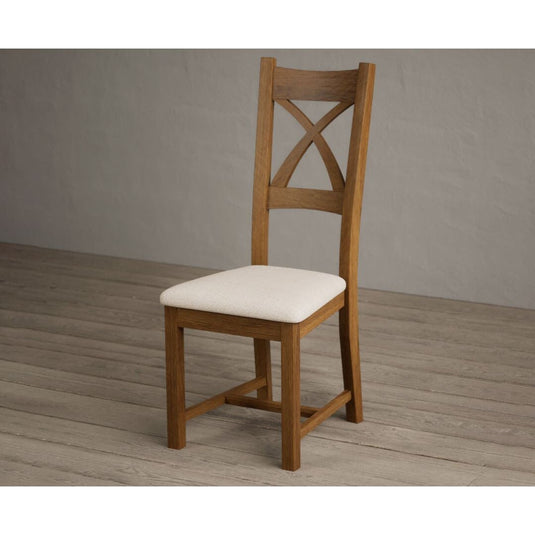 Rustic Solid Oak X Back Dining Chairs with Linen Seat Pad Dining Chairs Rustic Solid Oak