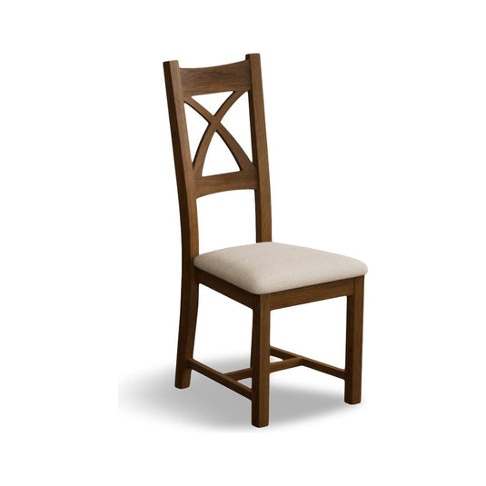 Rustic Solid Oak X Back Dining Chairs with Linen Seat Pad Dining Chairs Rustic Solid Oak