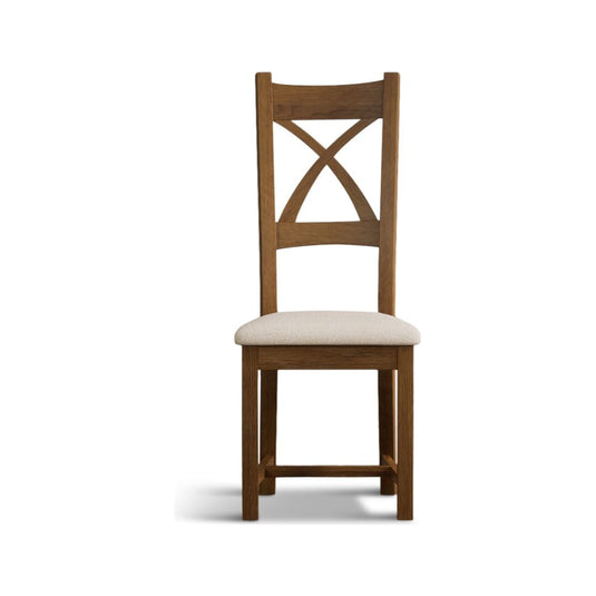 Rustic Solid Oak X Back Dining Chairs with Linen Seat Pad Dining Chairs Rustic Solid Oak