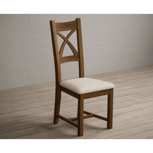 Rustic Solid Oak X Back Dining Chairs with Linen Seat Pad Dining Chairs Rustic Solid Oak