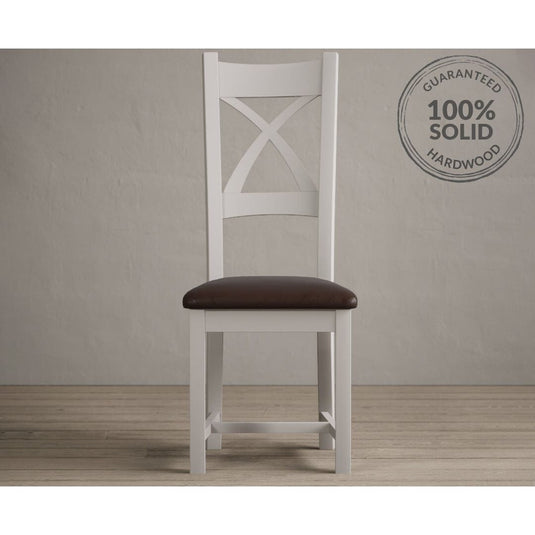 Painted Soft White X Back Dining Chairs with Chocolate Brown Leather Seat Pad Dining Chairs Painted