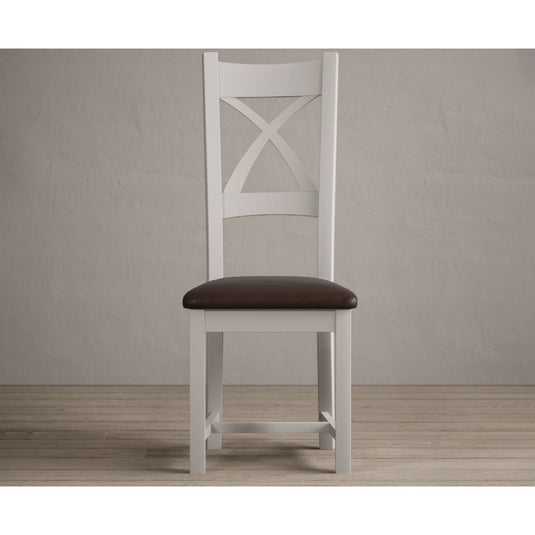 Painted Soft White X Back Dining Chairs with Chocolate Brown Leather Seat Pad Dining Chairs Painted