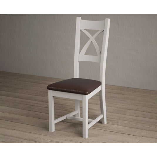 Painted Soft White X Back Dining Chairs with Chocolate Brown Leather Seat Pad Dining Chairs Painted