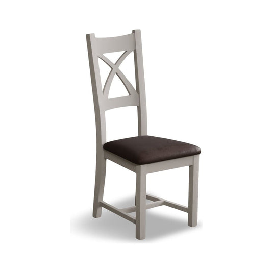 Painted Soft White X Back Dining Chairs with Chocolate Brown Leather Seat Pad Dining Chairs Painted