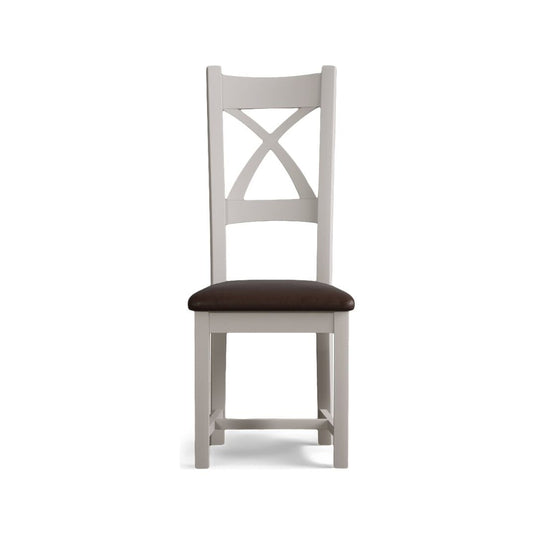 Painted Soft White X Back Dining Chairs with Chocolate Brown Leather Seat Pad Dining Chairs Painted