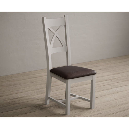 Painted Soft White X Back Dining Chairs with Chocolate Brown Leather Seat Pad Dining Chairs Painted