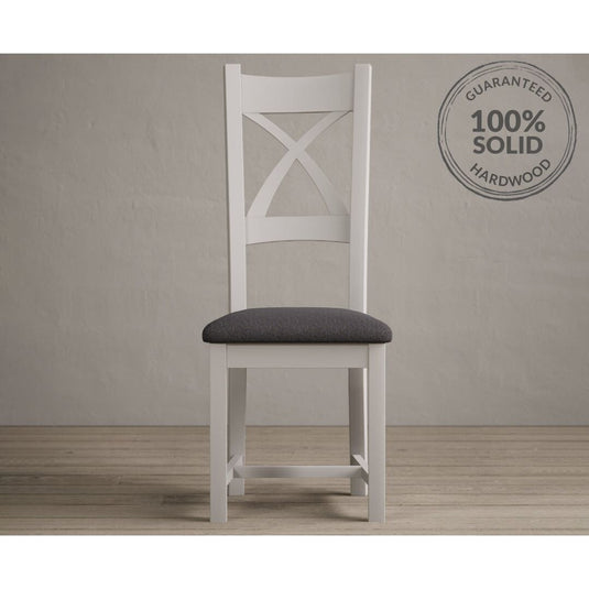 Painted Soft White X Back Dining Chairs with Charcoal Grey Fabric Seat Pad Dining Chairs Painted