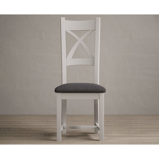 Painted Soft White X Back Dining Chairs with Charcoal Grey Fabric Seat Pad Dining Chairs Painted
