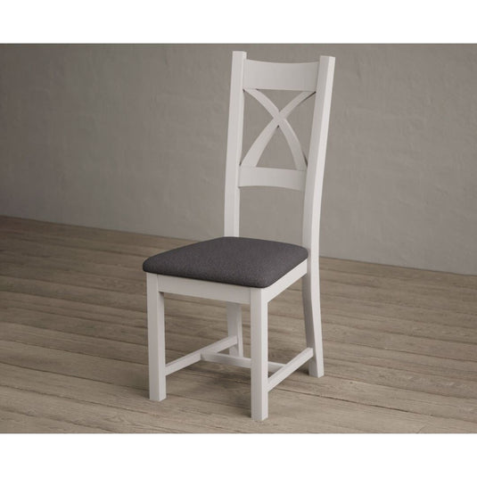 Painted Soft White X Back Dining Chairs with Charcoal Grey Fabric Seat Pad Dining Chairs Painted