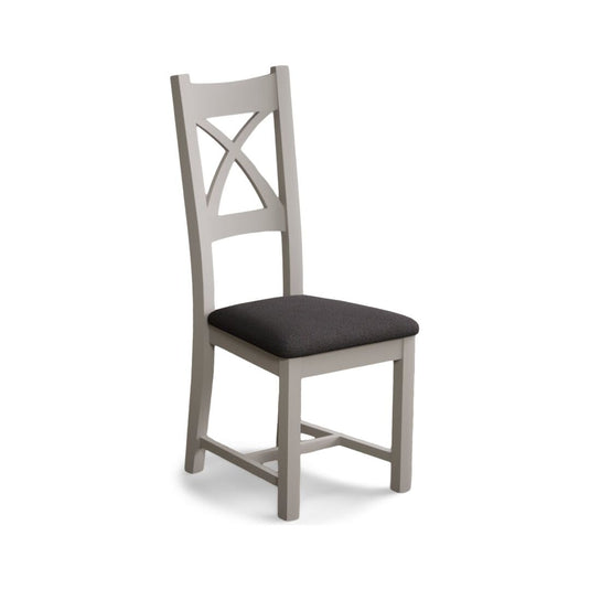 Painted Soft White X Back Dining Chairs with Charcoal Grey Fabric Seat Pad Dining Chairs Painted