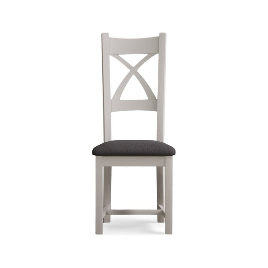 Painted Soft White X Back Dining Chairs with Charcoal Grey Fabric Seat Pad Dining Chairs Painted