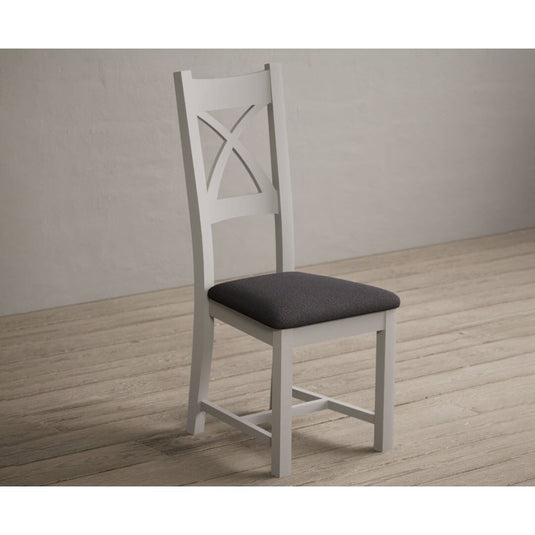Painted Soft White X Back Dining Chairs with Charcoal Grey Fabric Seat Pad Dining Chairs Painted