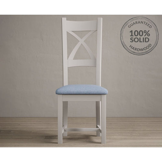 Painted Soft White X Back Dining Chairs with Sky Blue Fabric Seat Pad Dining Chairs Painted