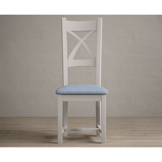 Painted Soft White X Back Dining Chairs with Sky Blue Fabric Seat Pad Dining Chairs Painted