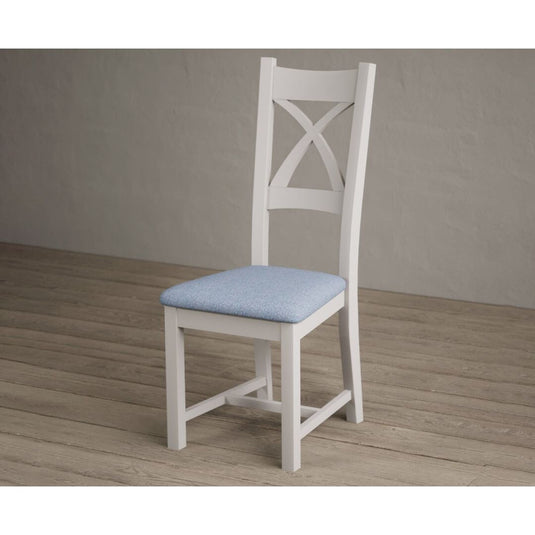 Painted Soft White X Back Dining Chairs with Sky Blue Fabric Seat Pad Dining Chairs Painted