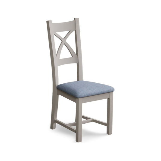 Painted Soft White X Back Dining Chairs with Sky Blue Fabric Seat Pad Dining Chairs Painted