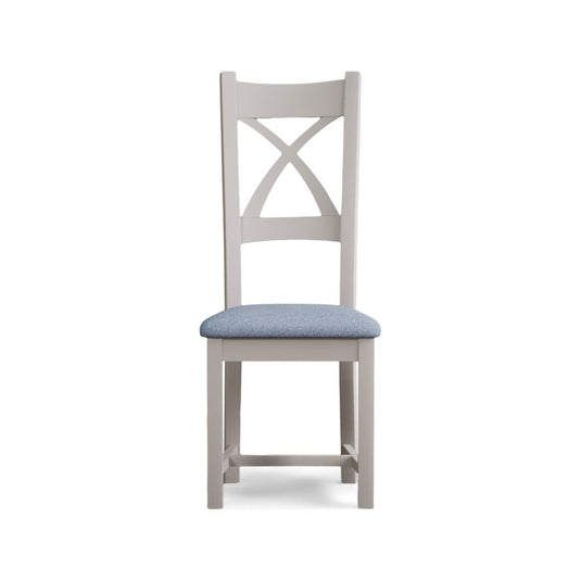 Painted Soft White X Back Dining Chairs with Sky Blue Fabric Seat Pad Dining Chairs Painted