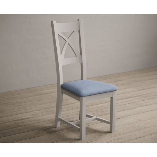 Painted Soft White X Back Dining Chairs with Sky Blue Fabric Seat Pad Dining Chairs Painted