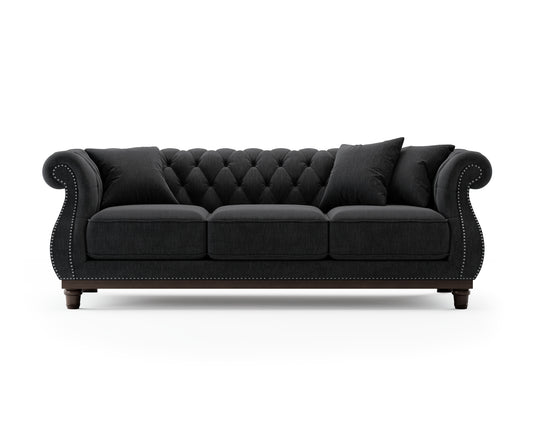 Eton Chesterfield Black Linen Fabric 3 Seater Sofa