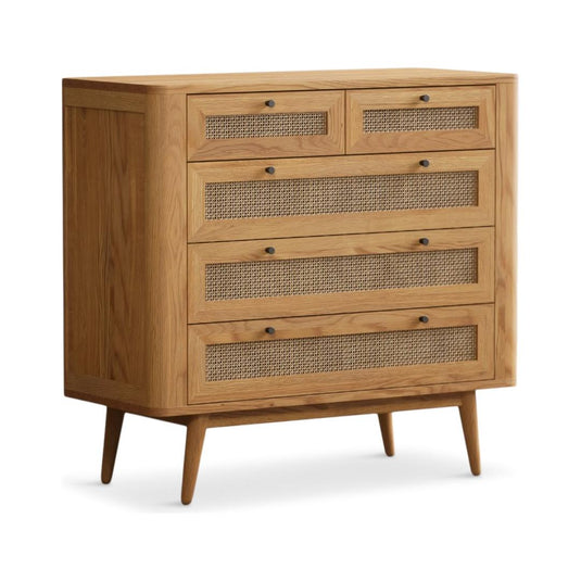 Oak Rattan 2 Over 3 Chest of Drawers Chest of Drawers Oak Rattan