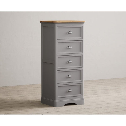 Bridstow Oak and Light Grey Painted 5 Drawer Tallboy Storage Bridstow
