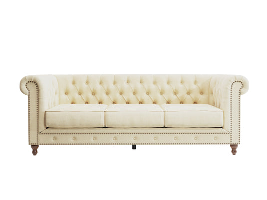 Wellington Chesterfield Ivory Linen 3 Seater Sofa