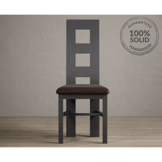 Painted Charcoal Grey Flow Back Dining Chairs with Chocolate Brown Leather Seat Pad Dining Chairs Painted