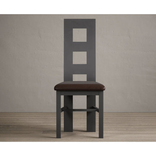 Painted Charcoal Grey Flow Back Dining Chairs with Chocolate Brown Leather Seat Pad Dining Chairs Painted