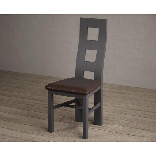 Painted Charcoal Grey Flow Back Dining Chairs with Chocolate Brown Leather Seat Pad Dining Chairs Painted