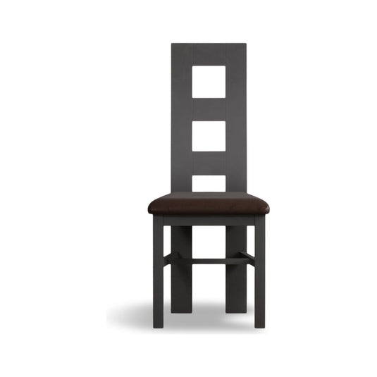 Painted Charcoal Grey Flow Back Dining Chairs with Chocolate Brown Leather Seat Pad Dining Chairs Painted