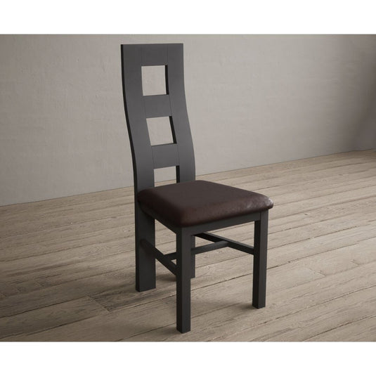 Painted Charcoal Grey Flow Back Dining Chairs with Chocolate Brown Leather Seat Pad Dining Chairs Painted