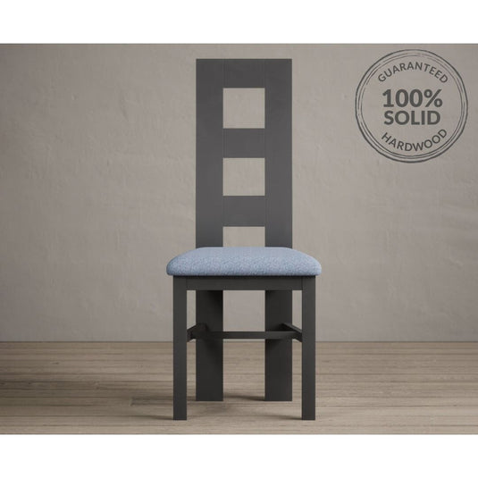 Painted Charcoal Grey Flow Back Dining Chairs with Sky Blue Fabric Seat Pad Dining Chairs Painted