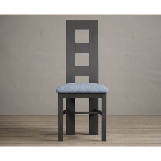 Painted Charcoal Grey Flow Back Dining Chairs with Sky Blue Fabric Seat Pad Dining Chairs Painted