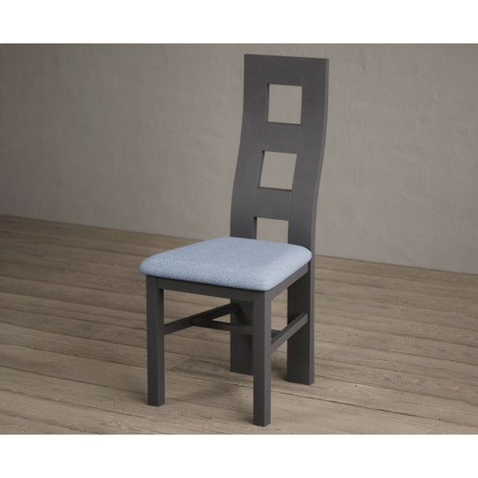 Painted Charcoal Grey Flow Back Dining Chairs with Sky Blue Fabric Seat Pad Dining Chairs Painted